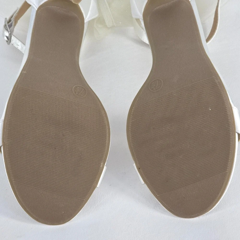 Lulu's Ayanna Satin Bow Ankle Strap Heels Womens 7.5 White Sandals Wedding Shoes